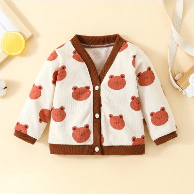 Toddler Girl Bear Pattern V-neck Knitted Cardigan