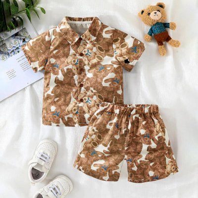 Toddler Boy's Bear Print Short-sleeved Shirt And Shorts Two-piece Suit