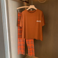 Conjunto de pijama suelto a cuadros de 2 piezas para niña adolescente  naranja