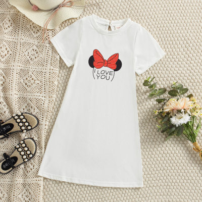 Kid Girl Letter and Bowknot Printed Short Sleeve Dress
