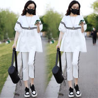 2PCS belly-covering patchwork T-shirt dress two-piece set  White