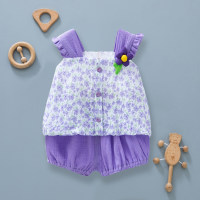 Traje de banda ancha floral de estilo coreano para bebé, ropa informal de estilo veraniego para niña, pantalones cortos finos con tirantes, ropa para recién nacido  Púrpura