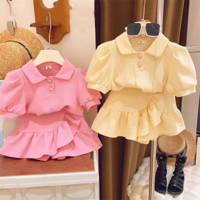 Girls' small and medium children's buckled bubble lapel short-sleeved short skirt two-piece suit summer fashion new style