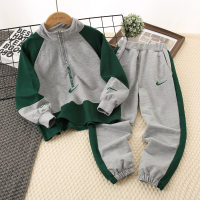 2-piece Kid Boy Color-block Zipper Front Stand Up Collar Sweatshirt & Color-block Pants  Green