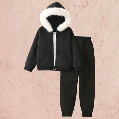 Kid Girl Solid Color Fur Collar Cotton Padded Suit