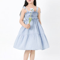 Kid Girl Pure Cotton Solid Color Slip Denim Dress  Light Blue