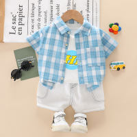 Toddler Boy Letter Pattern Vest & Plaid Shirt & Shorts  Blue