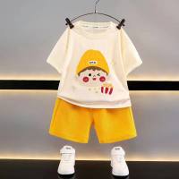 New style children's short-sleeved suit children's clothing boys summer casual loose clothes waffle baby summer  Yellow