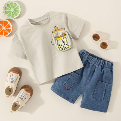 Toddler Boy Cute Drinks Pattern Short Sleeve T-shirt & Denim Shorts