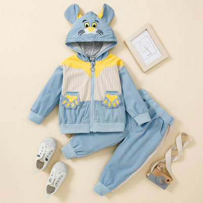 2-piece Toddler Boy Color-block Bear Style Hooded Zip-up Jacket & Solid Color Pants