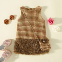 2-piece Toddler Girl Plaid Plush Patchwork Sleeveless Tank Dress & Matching Bag  Coffee
