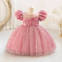 2024 new children's host dress one-year-old flower girl evening dress puff sleeve flower piece princess dress tulle skirt spot  Pink