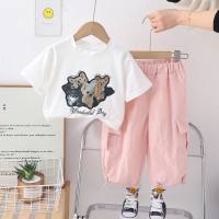 2024 summer new style girls cartoon round neck short-sleeved suit baby girl summer casual trousers short-sleeved two-piece suit  White