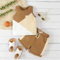 New style children's clothing for infants and young boys summer sleeveless stitching tops casual shorts beach small suit  Brown