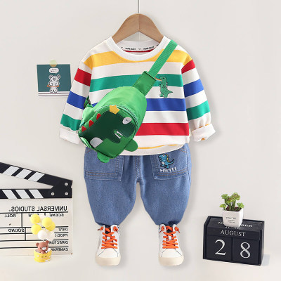 Maglione e pantaloni a blocchi di colore stampati con dinosauri a righe per bambini e borsa a tracolla