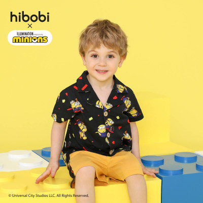 Minions × hibobi Boy Baby Conjunto de camisa negra estampada y pantalón patchwork
