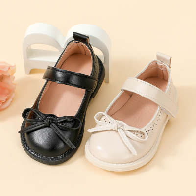 Toddler Girl Solid Color Bowknot Decor Velcro Leather Shoes