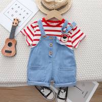 2024 summer denim thin short-sleeved striped t-shirt for boys, fashionable summer clothes, baby breathable  Red