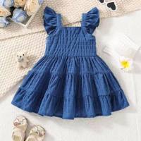 Summer new INS cross-border foreign trade baby girl sweet blue suspender skirt pleated flying sleeves girl dress  Navy Blue