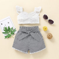 Baby Girls Fly Sleeve Solid Color Top + Striped Printed Shorts Set  White