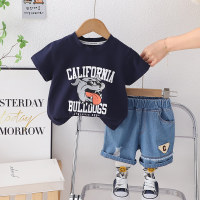 Foreign trade children's suits wholesale 2024 boys' and children's clothing summer clothes new cartoon printed casual short-sleeved T-shirt two-piece set  Navy Blue