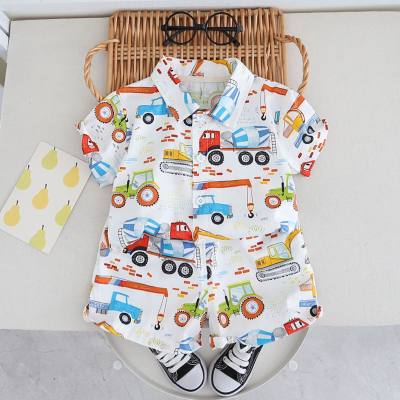 2024 children's clothing boys summer new lapel full print car shirt children's suit 1-2-3 years old baby two pieces 5