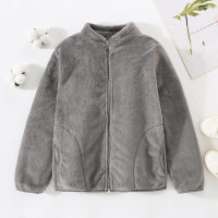 Toddler Girl Solid Color Stand Up Collar Zip-up Fleece-lined Plush Jacket  Gray
