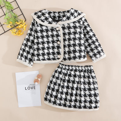 2-piece Toddler Girl Plaid Pattern Lapel Button Coat & Matching Skirt