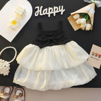 Girls suspender princess dress summer 2024 new little girl stylish bow mesh flower bud sweet dress  White