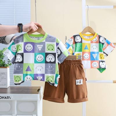New style baby boy suit full print plaid expression short-sleeved suit trendy summer boy short-sleeved suit