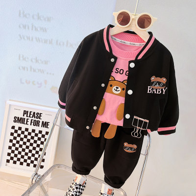Conjunto de 3 peças para criança menino com estampa de letras e jaqueta de beisebol com estampa de urso e calças estampadas de cor sólida
