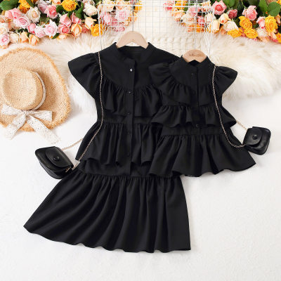 Parent-child Ruffled Sleeve Solid Color Cupcake Dress