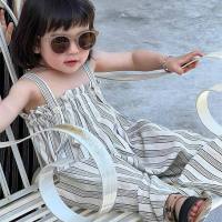 Girls pants vertical stripes double pocket jumpsuit jumpsuit 2024 summer new foreign trade children's clothing  White