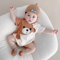 Baby one-piece clothes, summer super cute cartoon fart clothes, pure cotton baby short-sleeved harem clothes, newborn triangle crawling clothes  Coffee