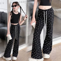 Girls' summer bell-bottom pants are fashionable and thin, versatile and casual, high-waisted, elastic and drapey trousers.  Black