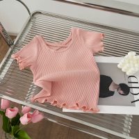 Girls Fashionable Back Cross Short Sleeve T-Shirt 2024 Summer New Korean Style Children's Solid Color Versatile Casual Top  Pink