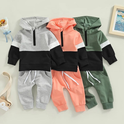 2-piece Toddler Boy Color-block Zipper Front Hoodie & Solid Color Fixed Drawstring Pants