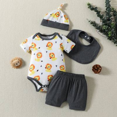 Nuovo pagliaccetto estivo per neonato con stampa animalier con pantaloncini tinta unita + cappello + set di bavaglini