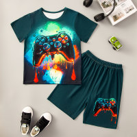 Boy's Game Console 3D Printed Short Sleeve T-shirt And Shorts Set  Black