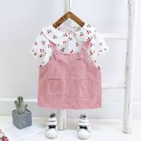 Children's suit for girls, cherry print overalls skirt, two-piece suit, summer fashion  Pink