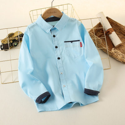 Kid Boy Solid Color Pocket Front Polka Dotted Cuff Button-up Shirt