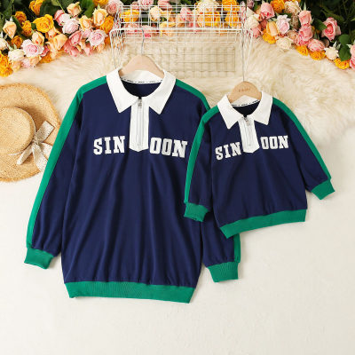 Mom and Me Color-block Letter Applique Polo Collar Swearshirt