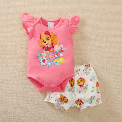 Baby Girl Cartoon Print Ruffle Short-Sleeve Cotton  Triangle Jumpsuit and Pants Set