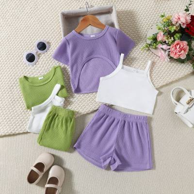 Children's girls' summer new waffle solid color shorts suit three-piece set