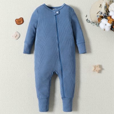 Baby Boy Solid Color Zipper Long-sleeved Jumpsuit