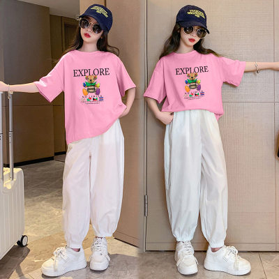 Girls summer loose casual sports suits for small and medium-sized children, fashionable and stylish bear short-sleeved T-shirt and white trousers