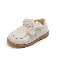 Fashionable Pearl Leather Shoes British Style Bow Princess Shoes Children's Rhinestones  Beige