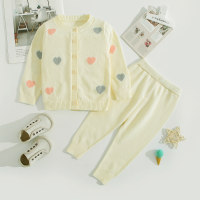 Baby Girl 2 Pieces Solid Color Heart-shaped Pattern Sweater Cardigan Set  Beige