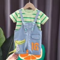Yuzu Bear brand children's clothing children's suits boys and girls striped T-shirts overalls baby summer two-piece suit  Green