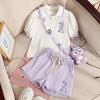 Girls suit summer 2024 new style medium and large children and girls Korean style short-sleeved sweet shorts two-piece set thin  Purple